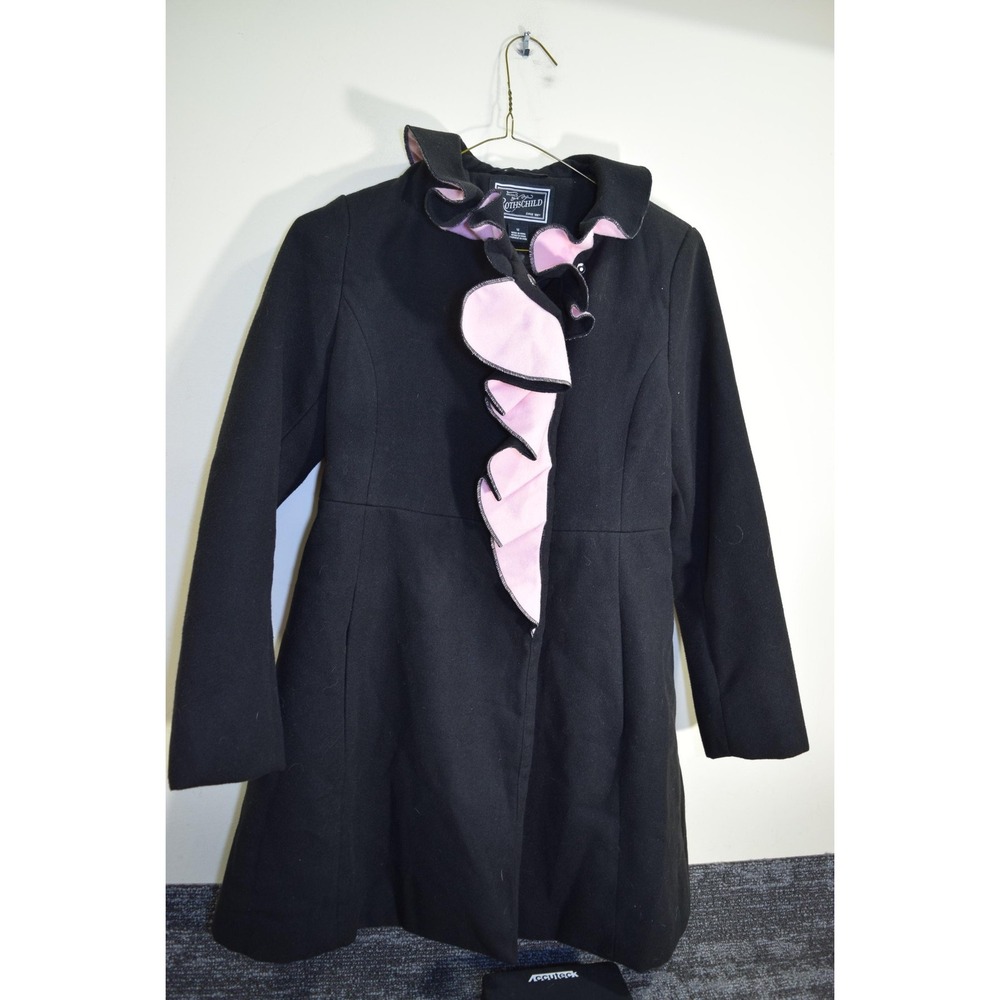 Rothschild Coat Womens 12 Black Pink Ruffle Collar Double Breasted Lined Elegant